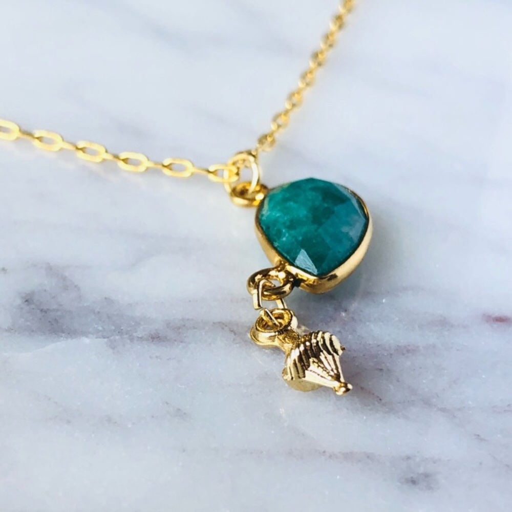 18K Gold Plated Floating Green Emerald Pendant Charm Necklace